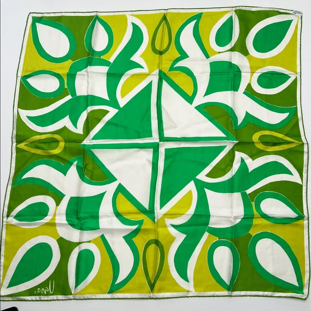 Vintage Vera Neumann geometric design neon greens and white 60’s scarf Japan